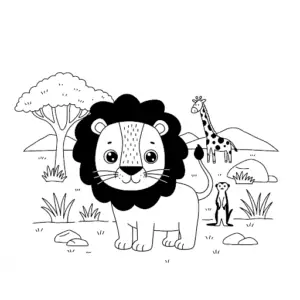דף צביעה של אריה עם רעמה שחורה בסוואנה להדפסה