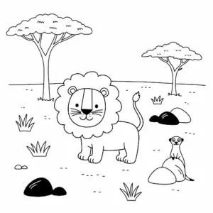 דף צביעה של אריה ועצים בסוואנה להדפסה