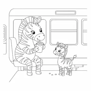 דף צביעה של זברה עם הגור שלה ברכבת להדפסה